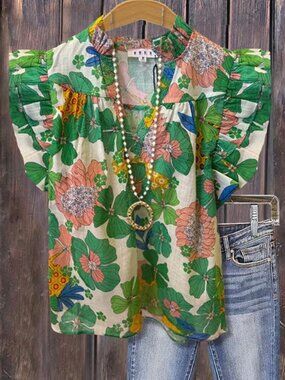 Womens Blouse | Botanical Floral Chic Flutter Sleeve  - Size XL - NWT